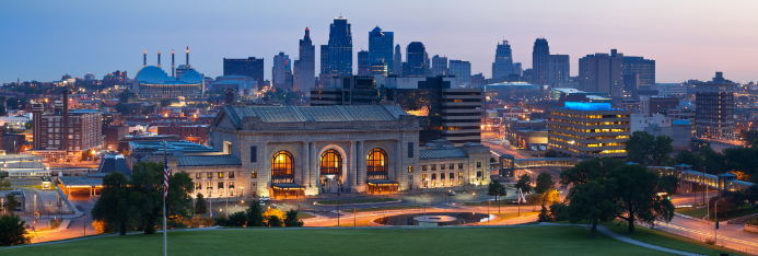 overview of kansas city at night focusing on union station