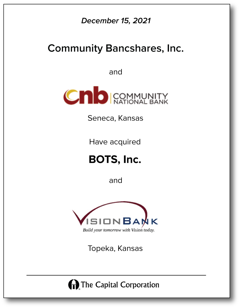 Community Bancshares and Vision Bank acquisition