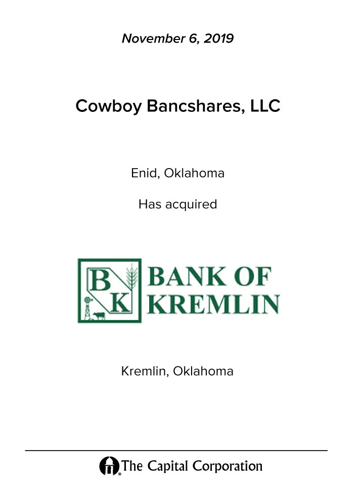 Cowboy Bancshares, LLC transaction
