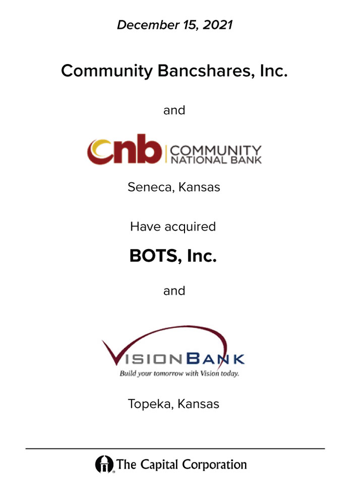 Community Bancshares and Vision Bank acquisition transaction