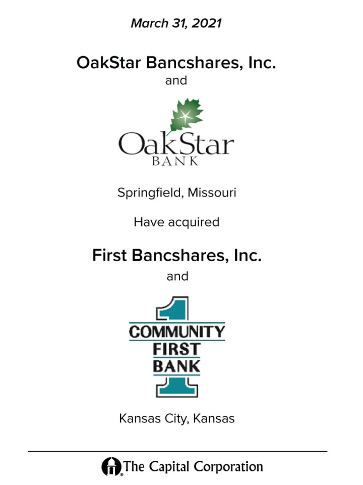 Oak Star / First Community Bank transaction