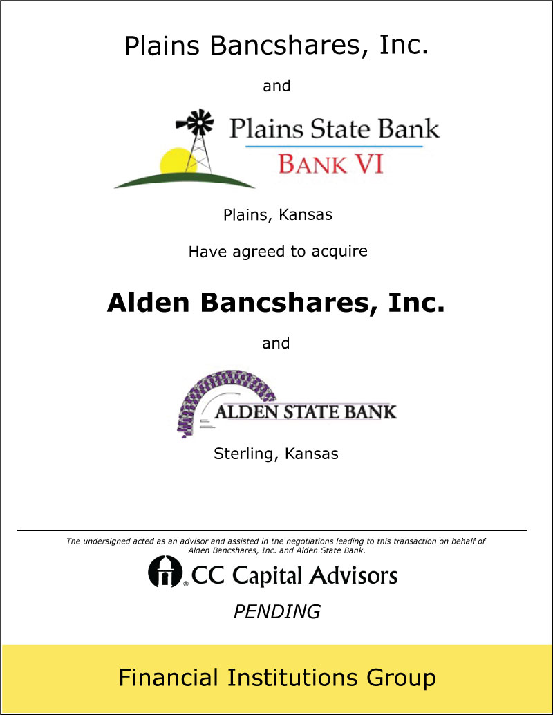 Plains Bancshares, Inc and Alden State Bank transaction