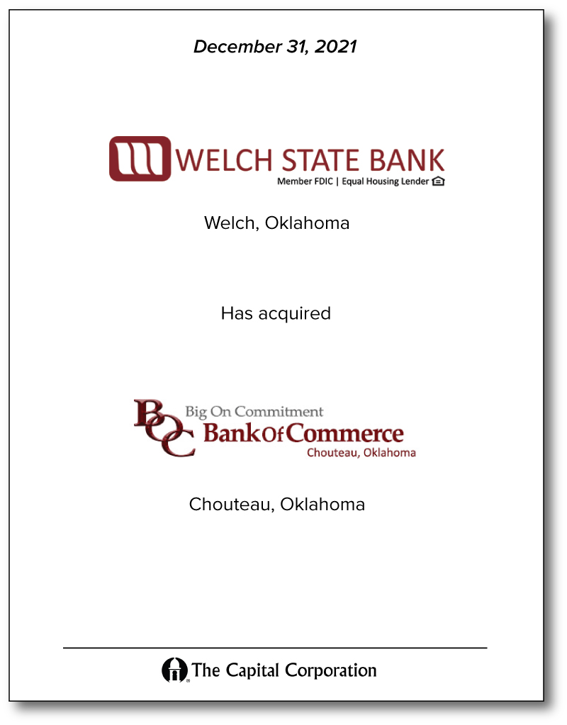 Welch Bank and Bank of Commerce Transaction