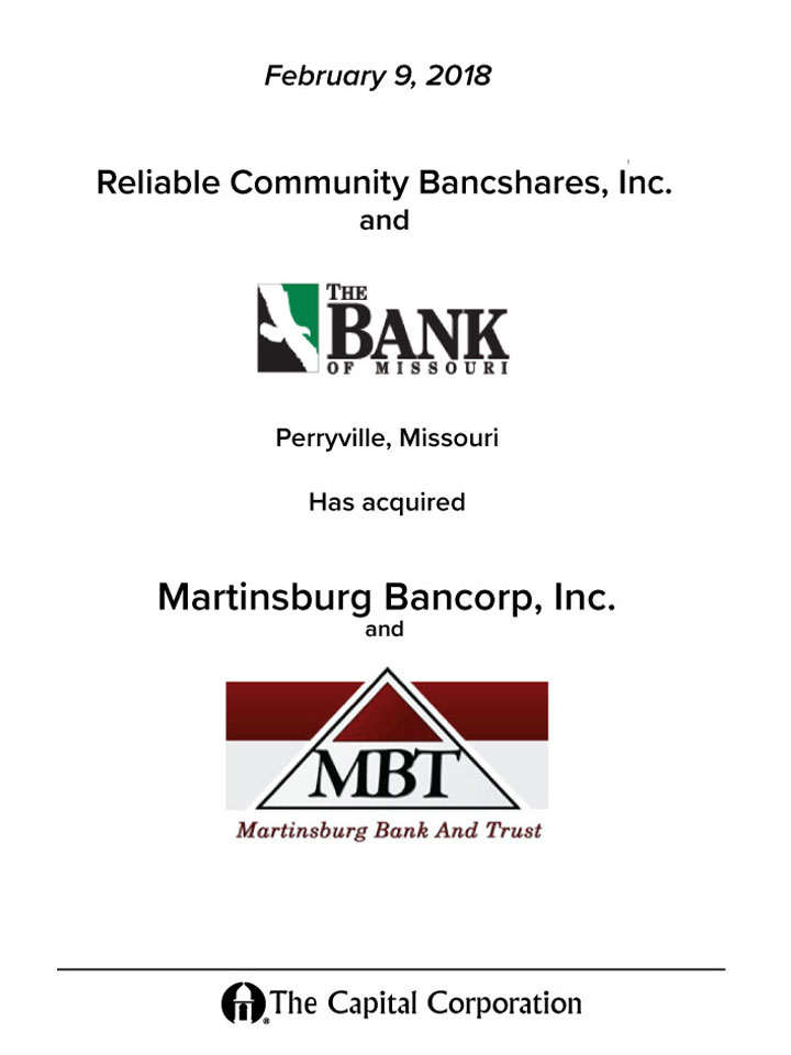 Reliable Community Bancshares, Inc. transaction